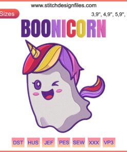 Cute ghost unicorn embroidery design with pumpkin basket, featuring text 'Trick or Treat' for Halloween Boonicorn collection.