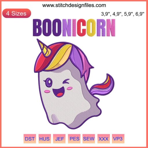 Cute ghost unicorn embroidery design with pumpkin basket, featuring text 'Trick or Treat' for Halloween Boonicorn collection.