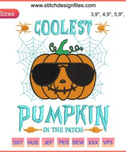 Funny Pumpkin Halloween Embroidery Design: Coolest pumpkin wearing sunglasses, vibrant stitches, festive decor.