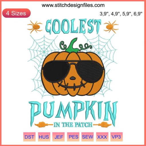 Funny Pumpkin Halloween Embroidery Design: Coolest pumpkin wearing sunglasses, vibrant stitches, festive decor.