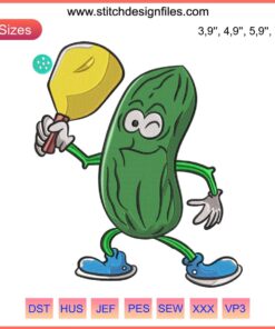 Pickle playing pickleball embroidery design, humorous paddleball digitizing pattern, unique pickleball theme.