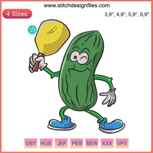Pickle playing pickleball embroidery design, humorous paddleball digitizing pattern, unique pickleball theme.
