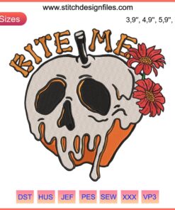 "Bite Me Skull Poison Apple Halloween Embroidery: Floral Gift Design File featuring spooky skull apple motif"