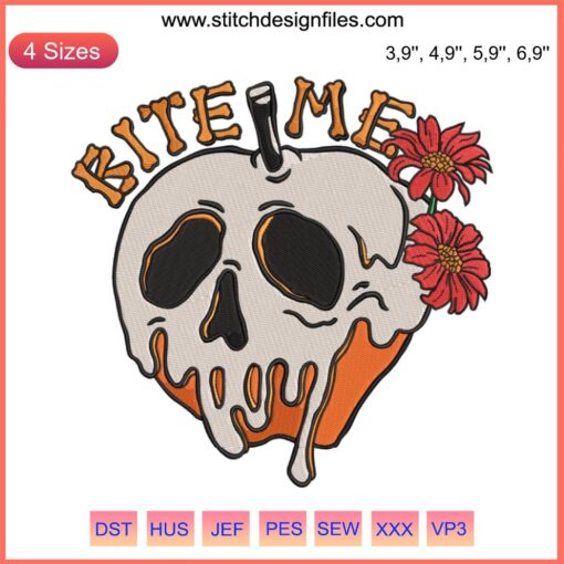 "Bite Me Skull Poison Apple Halloween Embroidery: Floral Gift Design File featuring spooky skull apple motif"