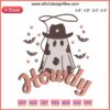 Cowboy ghost embroidery design with hat, boots, and "Boo Haw" text; perfect for western-themed Halloween decor.