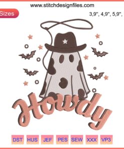 Cowboy ghost embroidery design with hat, boots, and "Boo Haw" text; perfect for western-themed Halloween decor.