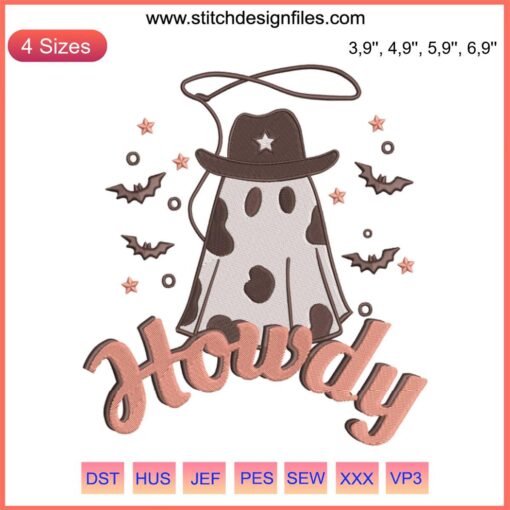 Cowboy ghost embroidery design with hat, boots, and "Boo Haw" text; perfect for western-themed Halloween decor.