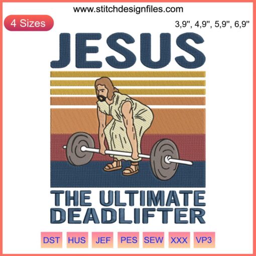 "Funny Christian Weightlifting Embroidery: Jesus The Ultimate Deadlifter Design featuring Jesus lifting weights with halo."