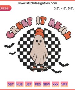 Retro Skeleton Design Embroidery: "Creep It Real" Ghost Halloween theme, vintage charm, ideal for festive DIY projects.
