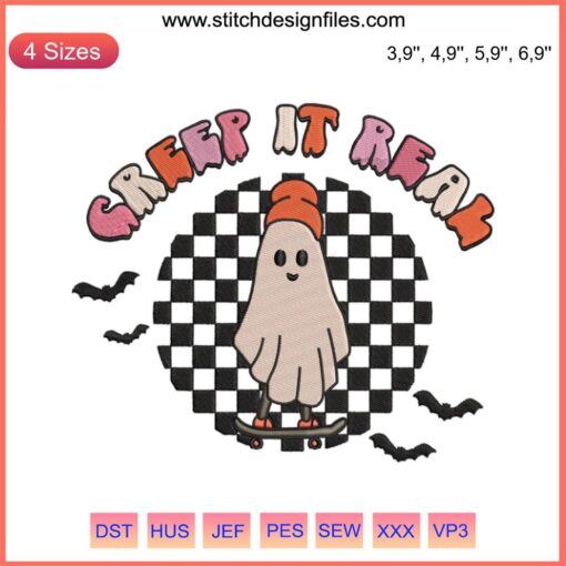 Retro Skeleton Design Embroidery: "Creep It Real" Ghost Halloween theme, vintage charm, ideal for festive DIY projects.