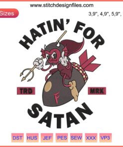 Rubberhose style red devil with "Hatin’ For Satan" cheeky embroidery, vivid colors, playful retro design.