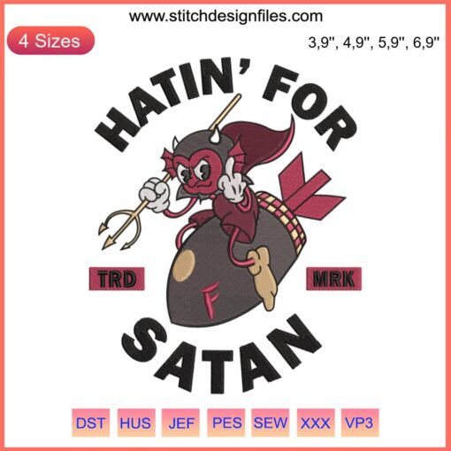 Rubberhose style red devil with "Hatin’ For Satan" cheeky embroidery, vivid colors, playful retro design.