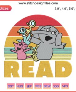 Elephant and Piggie Embroidery Design: Cute Teacher Library Theme, Perfect for Book Enthusiasts, Fun Sewing Machine Pattern.
