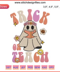 Retro Floral Ghost Embroidery: Groovy Halloween Trick Or Teach Spooky Teacher Design