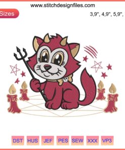 Kawaii Hellcat Embroidery Design: Chonky Cartoon Devil Cat for Witchcraft, Perfect for Machine Embroidery Files.