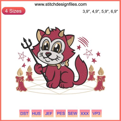 Kawaii Hellcat Embroidery Design: Chonky Cartoon Devil Cat for Witchcraft, Perfect for Machine Embroidery Files.