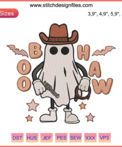 Western Halloween Cowboy Ghost Embroidery Design File; Cute Boo Haw Specter in Cowboy Hat for Machine Embroidery.