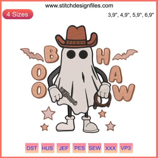 Western Halloween Cowboy Ghost Embroidery Design File; Cute Boo Haw Specter in Cowboy Hat for Machine Embroidery.
