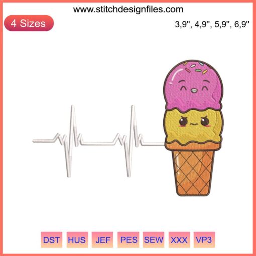 Embroidery design with humor: Ice cream cone heartbeat, perfect gift for ice cream enthusiasts, cute and whimsical machine stitch.