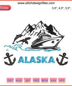 "Alaska 2022 Cruise Family Embroidery Design: Scenic whale, ship, and mountains. Ideal machine pattern for vacation memories."