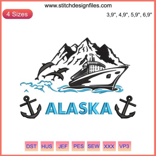 "Alaska 2022 Cruise Family Embroidery Design: Scenic whale, ship, and mountains. Ideal machine pattern for vacation memories."