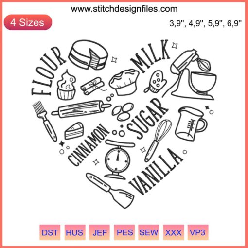 Cute heart with whisk design, ideal for cookie baking enthusiasts and embroidery lovers. Perfect for creative machine stitching.
