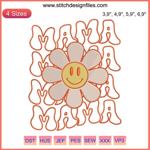 Retro Groovy Smiley Face Embroidery | Happy Mama Mother's Day Machine Design | Colorful, Vintage, Fun Stitch Pattern