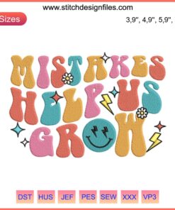 Retro-style embroidery design with "Mistakes Help Us Grow" slogan, perfect for teacher back-to-school machine embroidery projects.