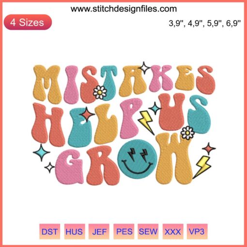 Retro-style embroidery design with "Mistakes Help Us Grow" slogan, perfect for teacher back-to-school machine embroidery projects.