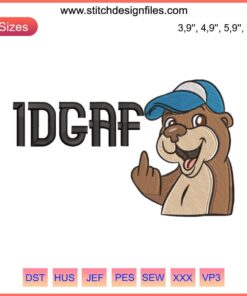 Adorable otter with IDGAF expression, colorful embroidery design ideal for otter lovers, humorous gift idea.