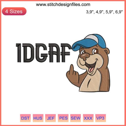 Adorable otter with IDGAF expression, colorful embroidery design ideal for otter lovers, humorous gift idea.