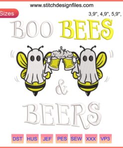 Ghost bee embroidery design with "Boo Bees" text; Halloween party theme, playful bee ghosts, festive decoration.