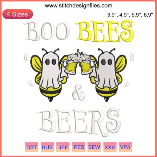 Ghost bee embroidery design with "Boo Bees" text; Halloween party theme, playful bee ghosts, festive decoration.