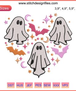 Adorable ghost heart embroidery design with "Trick or Teach" slogan, perfect for Halloween crafts and spooky decoration.