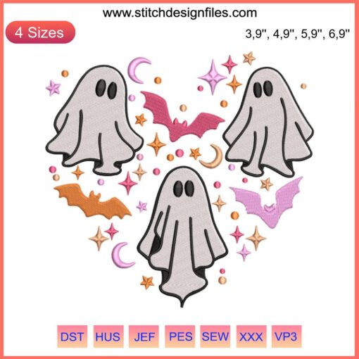 Adorable ghost heart embroidery design with "Trick or Teach" slogan, perfect for Halloween crafts and spooky decoration.