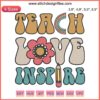 Colorful "Back To School Teach Love Inspire" embroidery design featuring playful fonts and apple motifs for happy teacher decor.