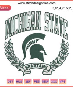 MSU Embroidery Design: Spartan Logo on Green Fabric, Michigan State University, College Apparel, Detailed Stitching.