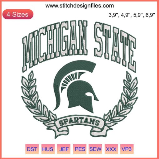 MSU Embroidery Design: Spartan Logo on Green Fabric, Michigan State University, College Apparel, Detailed Stitching.
