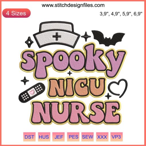 Retro Halloween NICU Nurse Embroidery: Ghostly design with pumpkin, stitched text "Spooky NICU Nurse", festive and nurse-themed motif.
