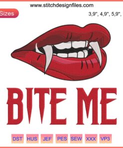 Vampire Lips Embroidery: Halloween "Bite Me" design with bold red lips and sharp fangs. Unique spooky decor.