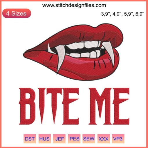 Vampire Lips Embroidery: Halloween "Bite Me" design with bold red lips and sharp fangs. Unique spooky decor.