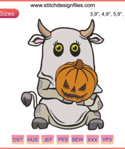 Ghost cow embroidery design with humor; ideal for Halloween cow enthusiasts. Keywords: funny ghost cow design, Halloween embroidery.