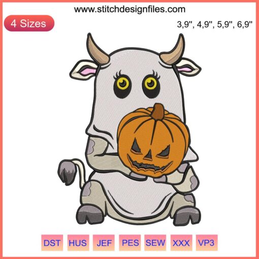 Ghost cow embroidery design with humor; ideal for Halloween cow enthusiasts. Keywords: funny ghost cow design, Halloween embroidery.