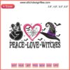 Cute whimsical witches, peace sign, heart; Halloween embroidery design. Ideal for spooky season crafting. Peace Love Witches motif.