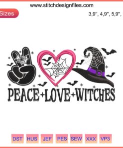 Cute whimsical witches, peace sign, heart; Halloween embroidery design. Ideal for spooky season crafting. Peace Love Witches motif.