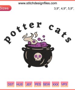 Potter Cats Halloween Embroidery: Harry Potter-themed Cat Witches, Spooky Gift Design, Perfect for Machine Embroidery.