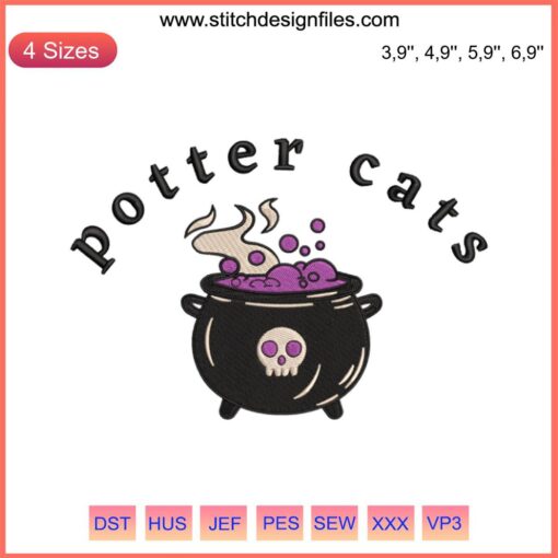 Potter Cats Halloween Embroidery: Harry Potter-themed Cat Witches, Spooky Gift Design, Perfect for Machine Embroidery.