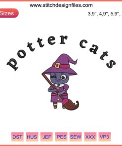 Black cat in witch hat embroidery design, funny Halloween machine file, ideal for spooky crafts and DIY decorations.