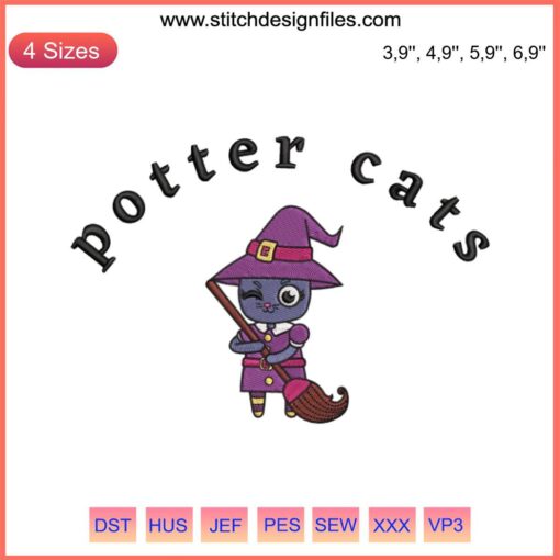 Black cat in witch hat embroidery design, funny Halloween machine file, ideal for spooky crafts and DIY decorations.