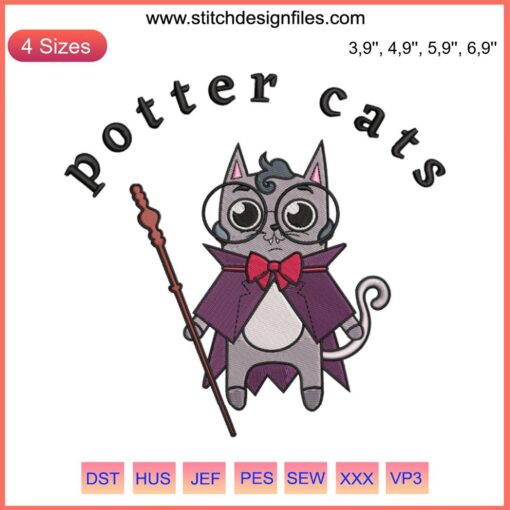 Halloween-themed embroidery design featuring cat witches inspired by Harry Potter, ideal for machine embroidery projects.